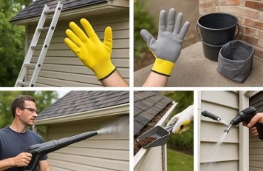 Gutter cleaning process overview showing gloves, ladder, pressure washer equipment