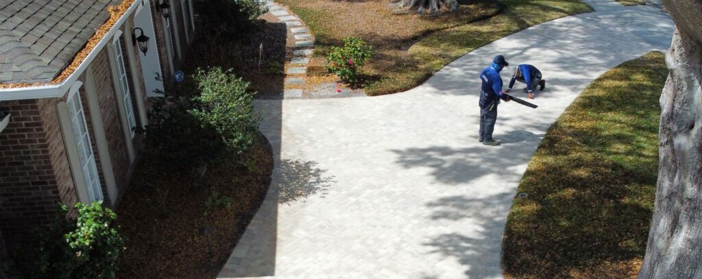 Aerial overhead view of crew cleaning a curved paver path at a Florida home