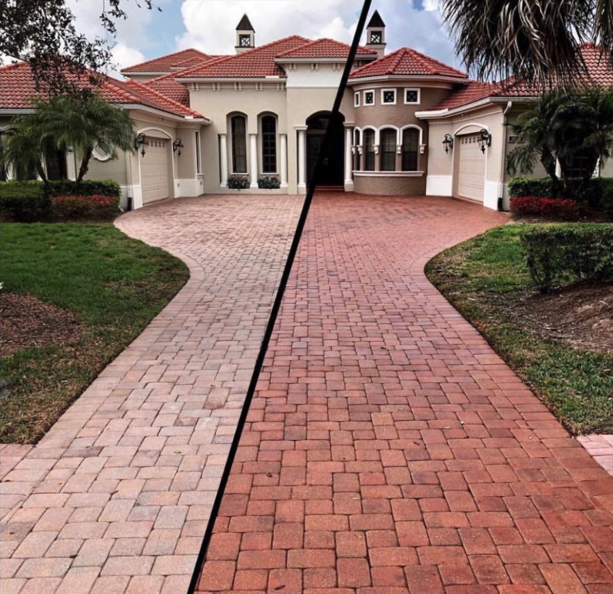 Before and after paver sealing on brick driveway at Central Florida stucco home