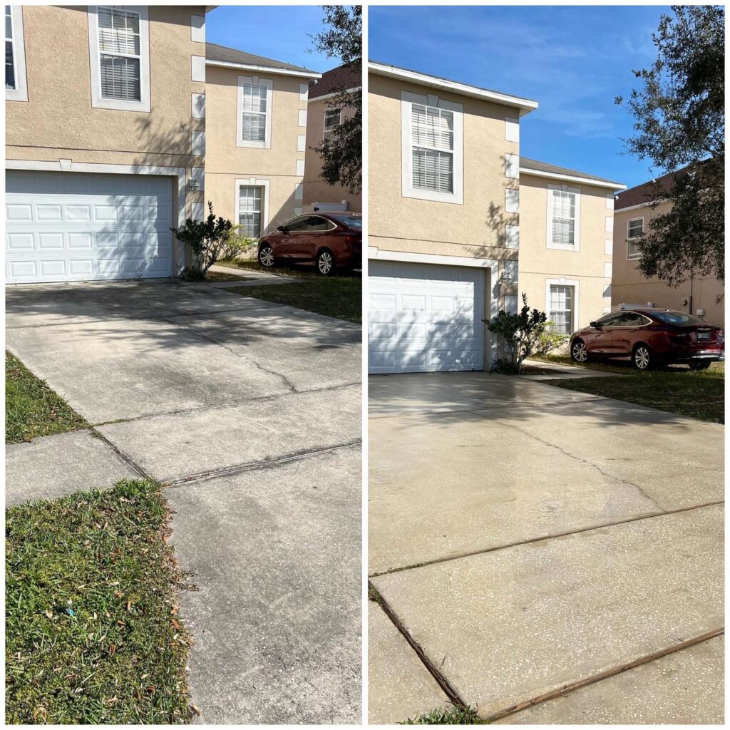 Before and after concrete driveway pressure washing at two-story stucco home in Florida