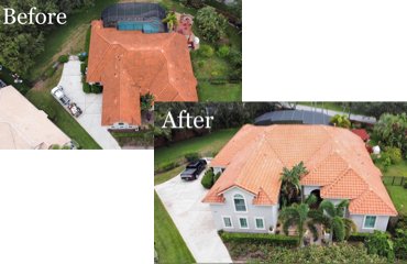 Before and after tile roof cleaning - algae removed from Central Florida home