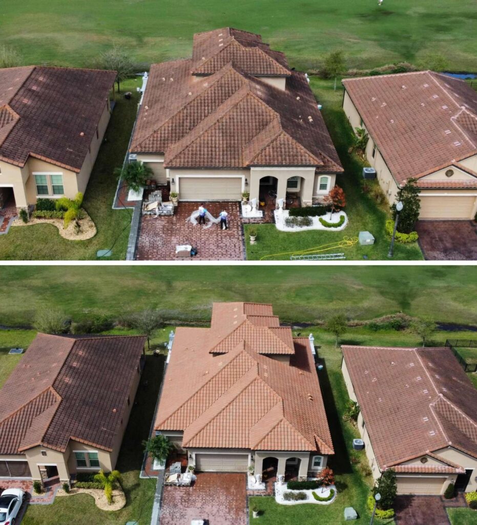 Aerial before and after of tile roof cleaning in Orlando FL - dark algae removed