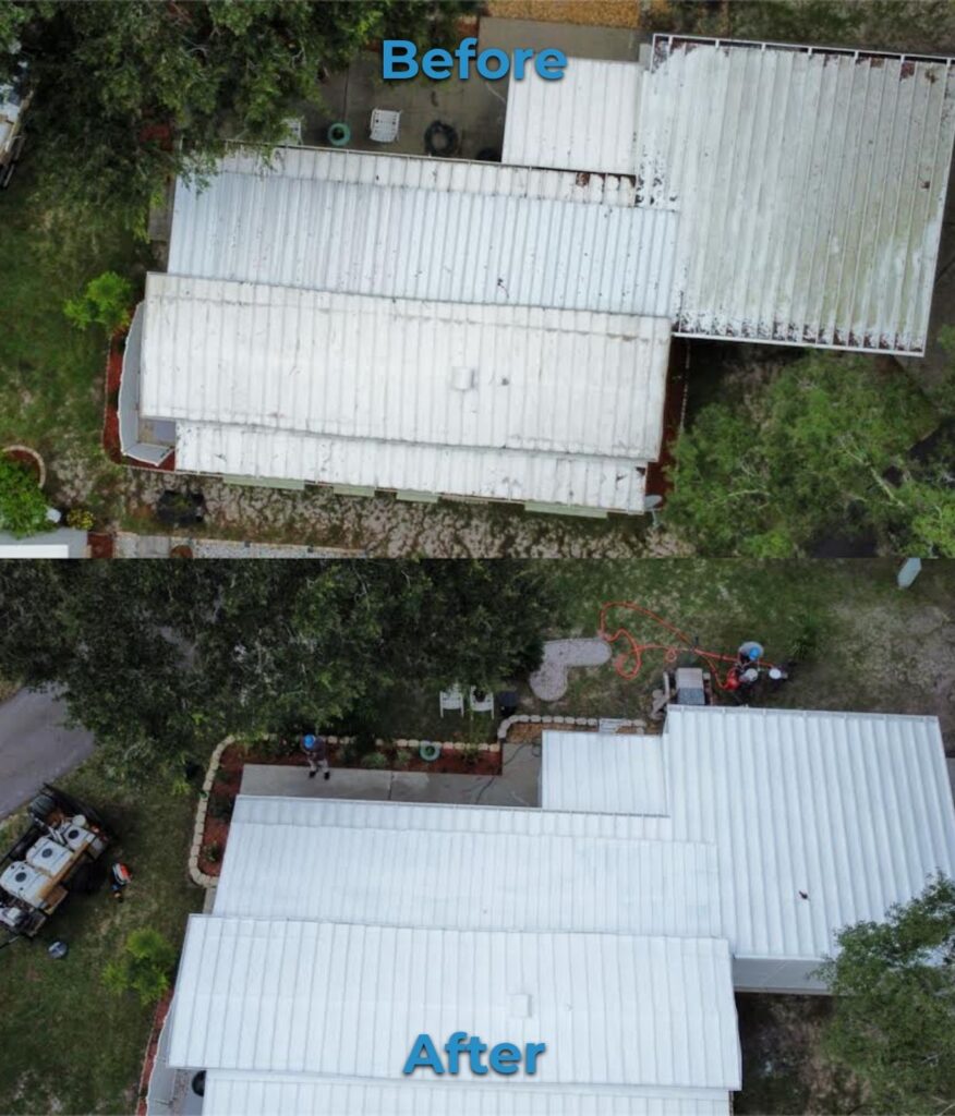 Labeled before and after aerial view of white elastomeric coating on flat metal roof