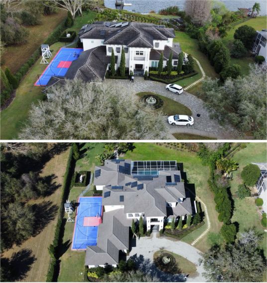 Aerial before and after comparison of roof wash at Orlando FL home