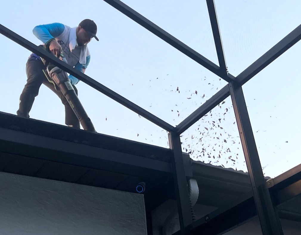 Technician clearing leaf debris from top of black aluminum pool screen enclosure